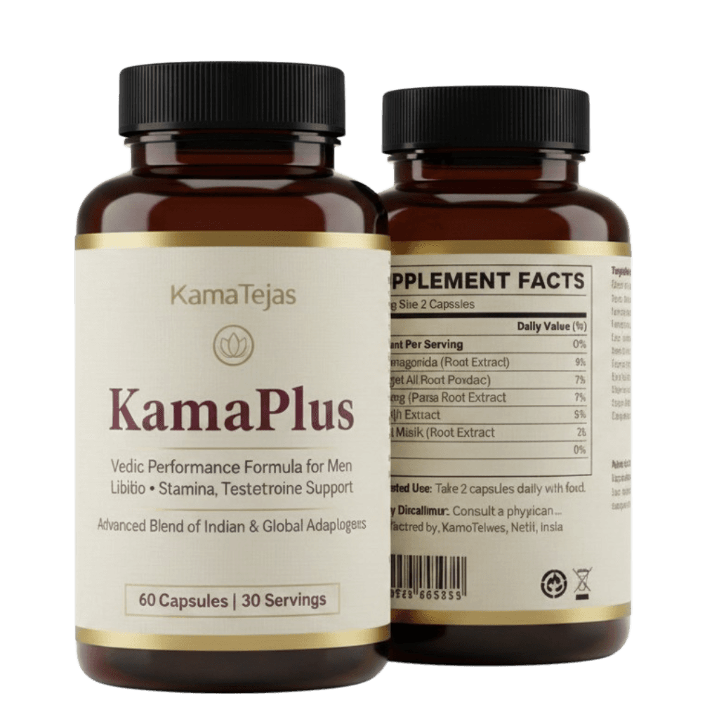 Kama Plus Ayurvedic capsule bottle for men's daily stamina and vitality